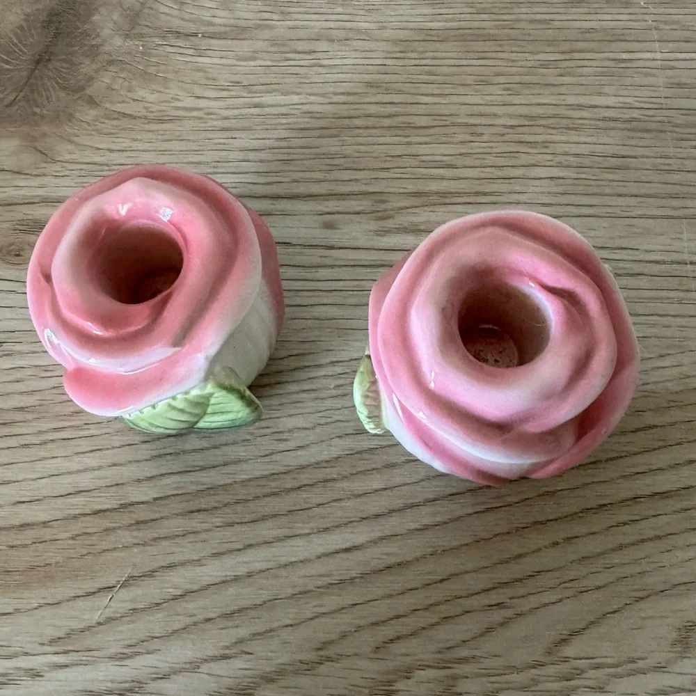 Fitz & Floyd OCI Omnibus Pink Rose‎ Shaped Taper Candle Holders Set of 2 Vintage
